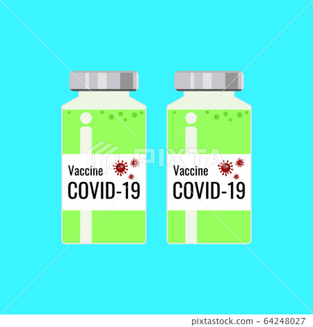 Vaccines bottle contains the covid-19 vaccine.There is a letter and a virus symbol on the bottle. Vaccines bottle contains the covid-19 vaccine.There is a letter and a virus symbol on the bottle. 64248027