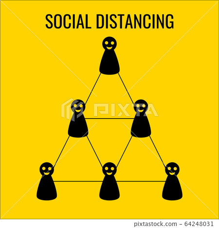 Social distance symbol to reduce the spread of disease. There are characters standing on triangles with the same distance.Vector illustration. 64248031