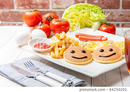 Breakfast, sandwiches, burgers, pancakes, eggs, vegetables, coffee, dining table Breakfast, sandwiches, burgers, pancakes, eggs, vegetables, coffee, dining table 64250201