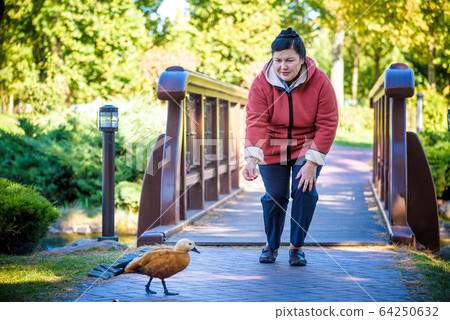 Portrait of beautiful aged woman in the park. Pay 64250632