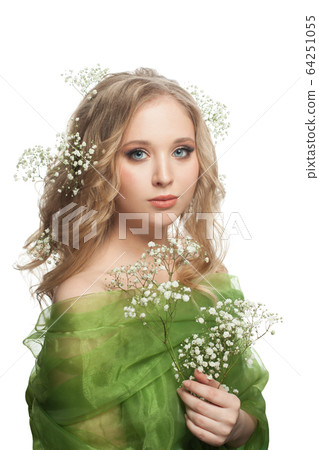 Beautiful woman isolated. Blonde curly, natural 64251055