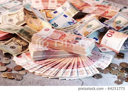 Large stack of banknotes, Russian rubles laying on 64251773