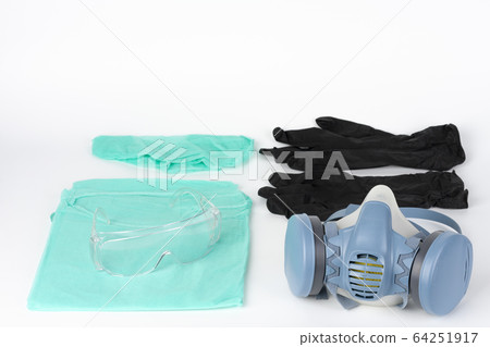 Twin filter half face respirator mask, plastic protective eyglasses, protective gown, cap, pair of gloves,  personal protective equipment to protect against the virus covid-19. 64251917
