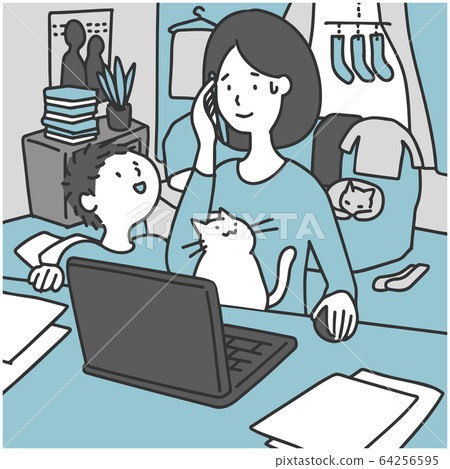 Parenting woman (child, cat) working from home in a messy room Parenting woman (child, cat) working from home in a messy room 64256595