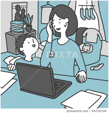 Parenting woman working from home in a messy room 64256596