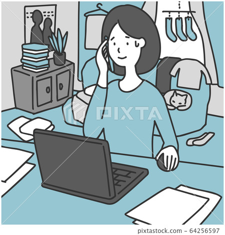 A woman working from home in a messy room A woman working from home in a messy room 64256597