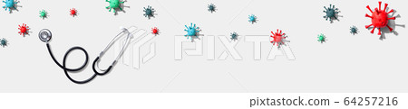 Stethoscope with coronavirus theme overhead view Stethoscope with coronavirus theme overhead view 64257216