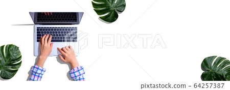 Person using a laptop computer with tropical leaves Person using a laptop computer with tropical leaves 64257387