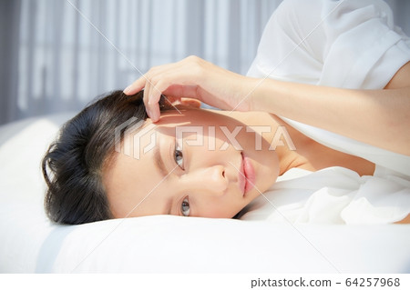 Beautiful woman bed bed bedroom sleep bright room relax person material Beautiful woman bed bed bedroom sleep bright room relax person material 64257968