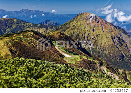 Yakeyama and Amekayama seen from Myoko Mountain Range and Hiuchiyama Yakeyama and Amekayama seen from Myoko Mountain Range and Hiuchiyama 64258417