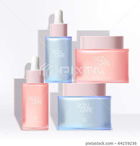 Vector Cosmetics. Body Care Colorful Frosted Glass Dropper Bottle & Jar Vector Cosmetics. Body Care Colorful Frosted Glass Dropper Bottle & Jar 64259236
