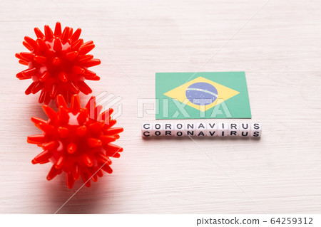 Abstract virus strain model of 2019-nCoV middle East respiratory syndrome coronavirus or coronavirus COVID-19 with text and flag Brazil on white background. Virus pandemic protection concept. 64259312