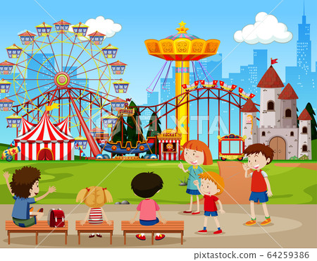 Themepark scene with many rides and happy children 64259386