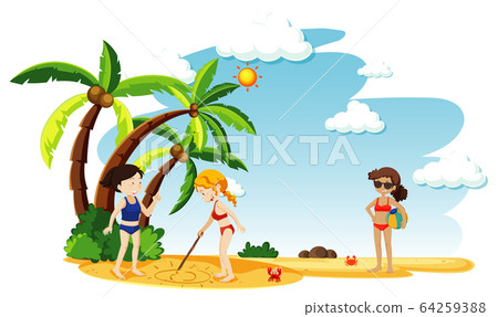 Ocean scene with people having fun on the beach 64259388
