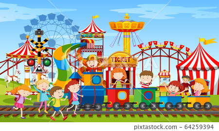 Themepark scene with many rides and happy children 64259394