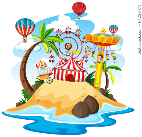 Themepark scene with many rides on an island 64259473
