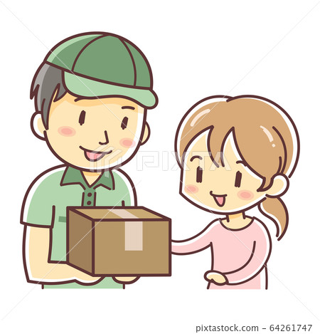 Illustration of a man delivering a courier and a woman receiving Illustration of a man delivering a courier and a woman receiving 64261747