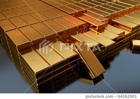 3D illustration with many gold bars piled in a vault. 3D rendering of jewelry and precious products 3D illustration with many gold bars piled in a vault. 3D rendering of jewelry and precious products 64262003