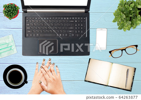 Laptop, Phone And Other Office Stuff On Table Stock Photo, Picture