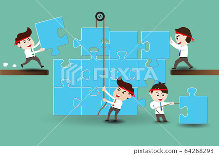 Teamwork, businessmen assembling pieces of a puzzle Teamwork, businessmen assembling pieces of a puzzle 64268293