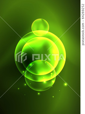 Glowing neon shiny transparent bubbles, glass circles or bio cell concept. Techno futuristic vector abstract background For Wallpaper, Banner, Background, Card, Book Illustration, landing page 64269252