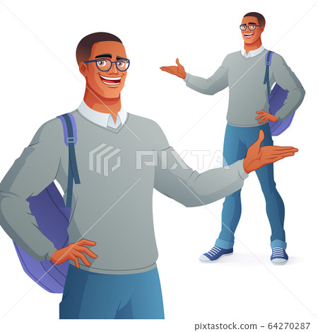 Smiling college student in eyeglasses presenting. Isolated vector illustration. 64270287