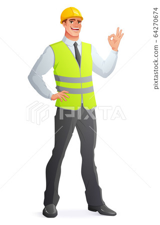 Smiling engineer in vest showing OK sign. Vector illustration. Smiling engineer in vest showing OK sign. Vector illustration. 64270674