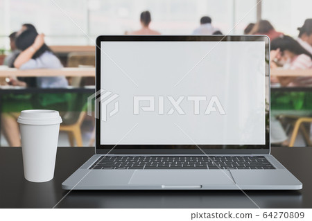 Laptop blank white screen placed with white coffee cup on table in co-working space with Defocused customer at cafe coffee shop restaurant blurred for mock up Laptop blank white screen placed with white coffee cup on table in co-working space with Defocused customer at cafe coffee shop restaurant blurred for mock up 64270809