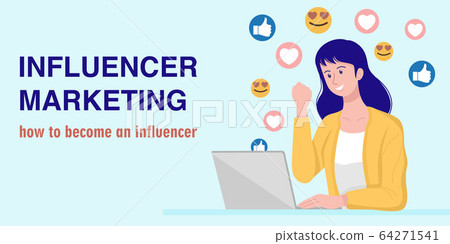 Influencer marketing concept, A young woman watching a live streaming. Vector 64271541