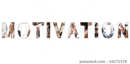 Working out. Sporty caucasian woman doing different sport exercises at gym with an overlay of the word MOTIVATION. Isolated on white background. Panoramic banner header. Fitness Working out. Sporty caucasian woman doing different sport exercises at gym with an overlay of the word MOTIVATION. Isolated on white background. Panoramic banner header. Fitness 64272576