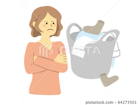 A woman in trouble with a pile of laundry 64273501