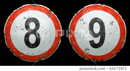 Set of public road signs in red and white with a numbers 8, 9 in the center isolated on black background. 3d 64273971