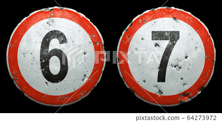 Set of public road signs in red and white with a numbers 6, 7 in the center isolated on black background. 3d 64273972