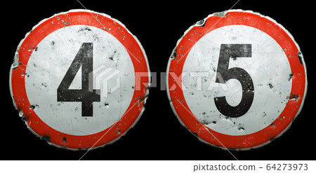 Set of public road signs in red and white with a numbers 4, 5 in the center isolated on black background. 3d 64273973