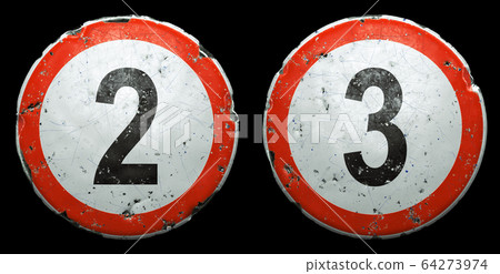 Set of public road signs in red and white with a numbers 2, 3 in the center isolated on black background. 3d Set of public road signs in red and white with a numbers 2, 3 in the center isolated on black background. 3d 64273974