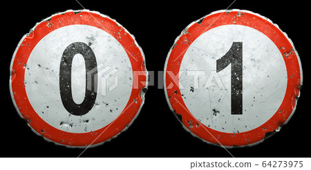 Set of public road signs in red and white with a numbers 0, 1 in the center isolated on black background. 3d 64273975