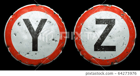 Set of public road signs in red and white with a capitol letters Y, Z in the center isolated on black background. 3d 64273976