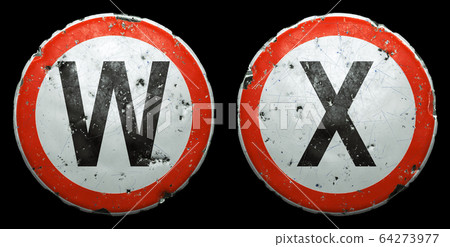 Set of public road signs in red and white with a capitol letters W, X in the center isolated on black background. 3d Set of public road signs in red and white with a capitol letters W, X in the center isolated on black background. 3d 64273977