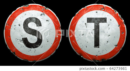 Set of public road signs in red and white with a capitol letters S, T in the center isolated on black background. 3d Set of public road signs in red and white with a capitol letters S, T in the center isolated on black background. 3d 64273981