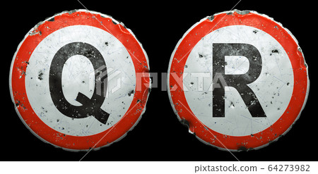 Set of public road signs in red and white with a capitol letters Q, R in the center isolated on black background. 3d 64273982