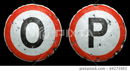 Set of public road signs in red and white with a capitol letters O, P in the center isolated on black background. 3d Set of public road signs in red and white with a capitol letters O, P in the center isolated on black background. 3d 64273983