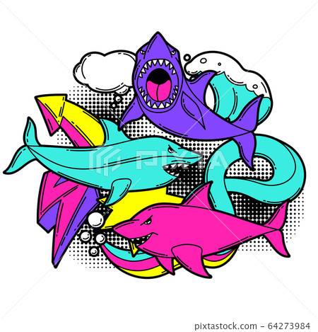 Print with cartoon sharks. Urban colorful teenage creative illustration. Print with cartoon sharks. Urban colorful teenage creative illustration. 64273984