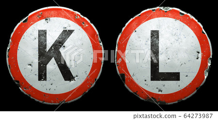 Set of public road signs in red and white with a capitol letters K, L in the center isolated on black background. 3d Set of public road signs in red and white with a capitol letters K, L in the center isolated on black background. 3d 64273987
