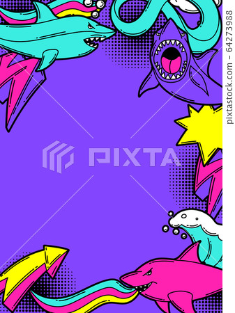 Background with cartoon sharks. Urban colorful teenage creative illustration. Background with cartoon sharks. Urban colorful teenage creative illustration. 64273988