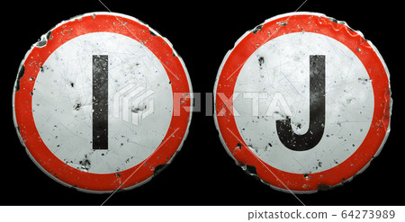 Set of public road signs in red and white with a capitol letters I, J in the center isolated on black background. 3d Set of public road signs in red and white with a capitol letters I, J in the center isolated on black background. 3d 64273989
