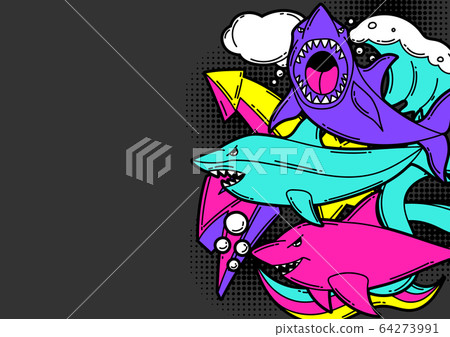 Background with cartoon sharks. Urban colorful teenage creative illustration. Background with cartoon sharks. Urban colorful teenage creative illustration. 64273991