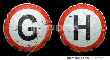 Set of public road signs in red and white with a capitol letters G, H in the center isolated on black background. 3d 64273992