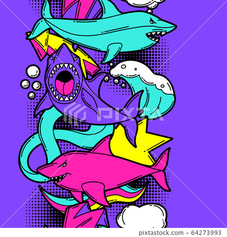 Seamless pattern with cartoon sharks. Urban colorful teenage creative background. 64273993