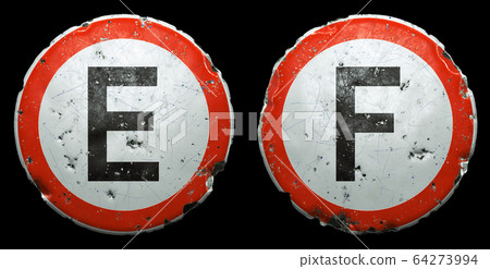 Set of public road signs in red and white with a capitol letters E, F in the center isolated on black background. 3d 64273994