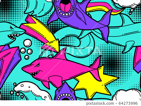 Seamless pattern with cartoon sharks. Urban colorful teenage creative background. Seamless pattern with cartoon sharks. Urban colorful teenage creative background. 64273996